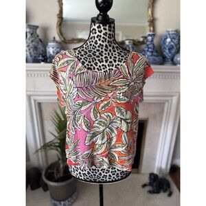 C&C California L 100% Linen Top Tropical Floral Cap Sleeve Shirt Lagenlook